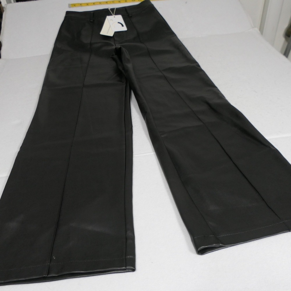 Commense Women Pants S Black Faux Leather Wide Leg Edgy Goth Grunge Minimalist